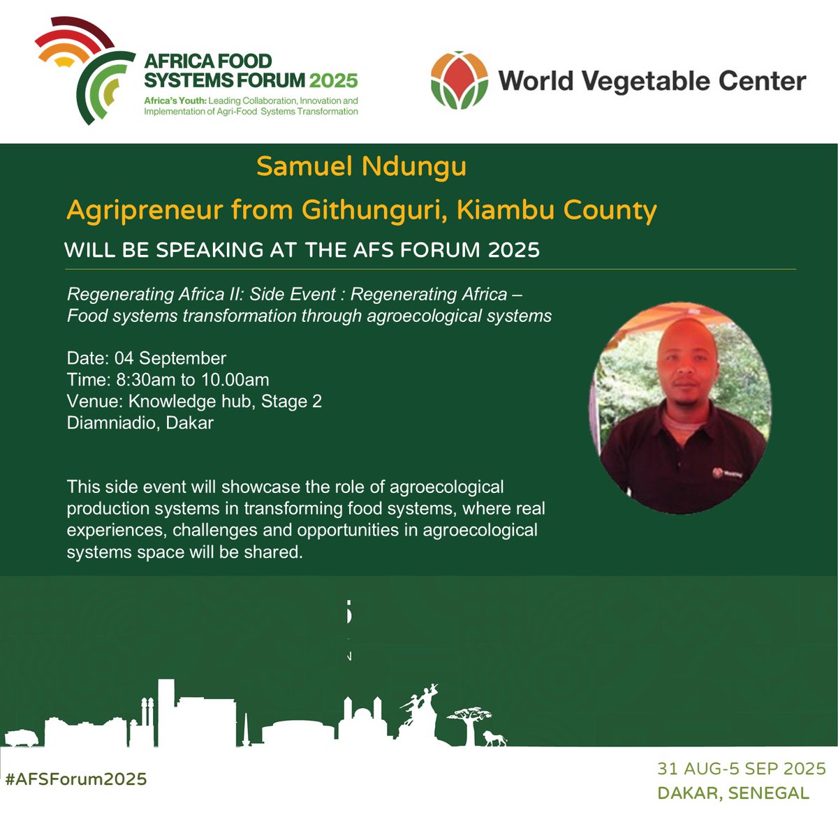 WorldVeg_ESA's tweet photo. We’re proud to feature Samuel Ndungu, a 32-year-old agripreneur from Kiambu, Kenya, as one of our speakers at the WorldVeg side event in Dakar #AFSForum2025.

On his one-acre farm, Samuel practices regenerative agriculture and works as an aggregator, connecting smallholder farmers to markets such as Tawi Fresh Kenya, FarmtoFeed, and Sylvia’s Basket. With support from World Vegetable Center, he has improved market access, boosted farmer incomes, and mentors fellow youth in agribusiness.

Samuel’s journey demonstrates how Africa’s young farmers are redefining agriculture as a thriving, innovative enterprise.