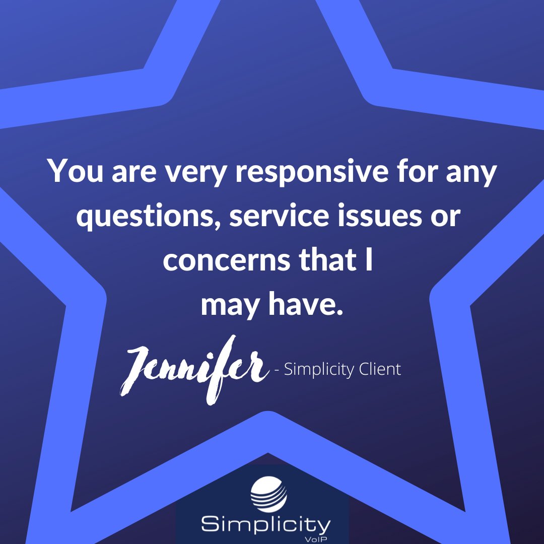 SimplicityVoIP's tweet image. We’re sending a big thank you to our customer Jennifer for the kind words! At Simplicity VoIP, we’re committed to staying responsive to any questions, service issues, or concerns our clients may have. #AwesomeClients #SimplicityKudos