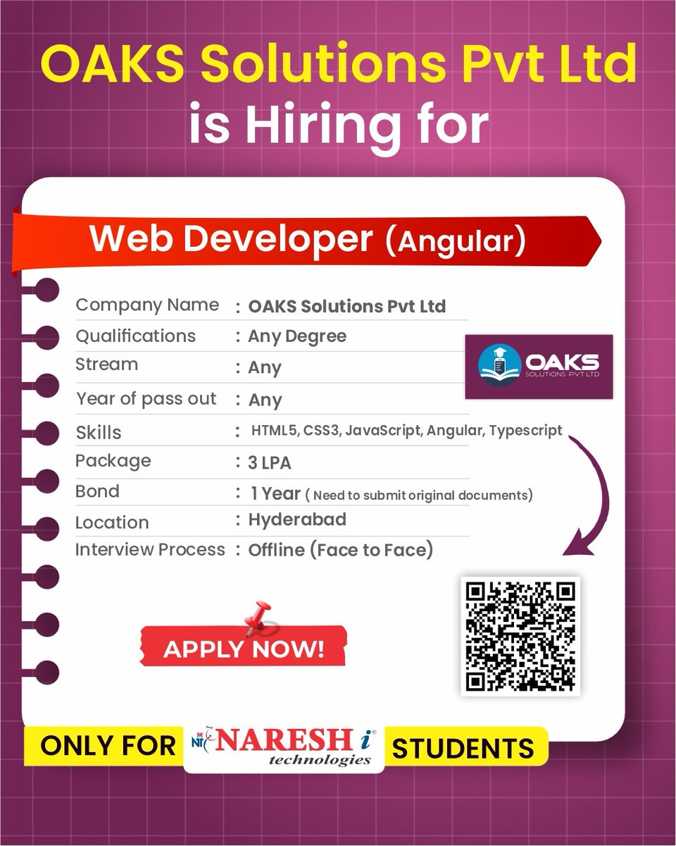 nareshitkphb's tweet image. 🚀 OAKS Solutions is hiring Web Developers (Angular)!
🎓 Any degree | 💼 3 LPA | 📍 Hyderabad

💻 Skills: HTML5, CSS3, JS, Angular, TS
🖥️ Offline Interviews | 1-yr bond

🔗 Apply Now!
#NareshIT #AngularJobs #WebDeveloper #TechHiring #NareshTechnologies