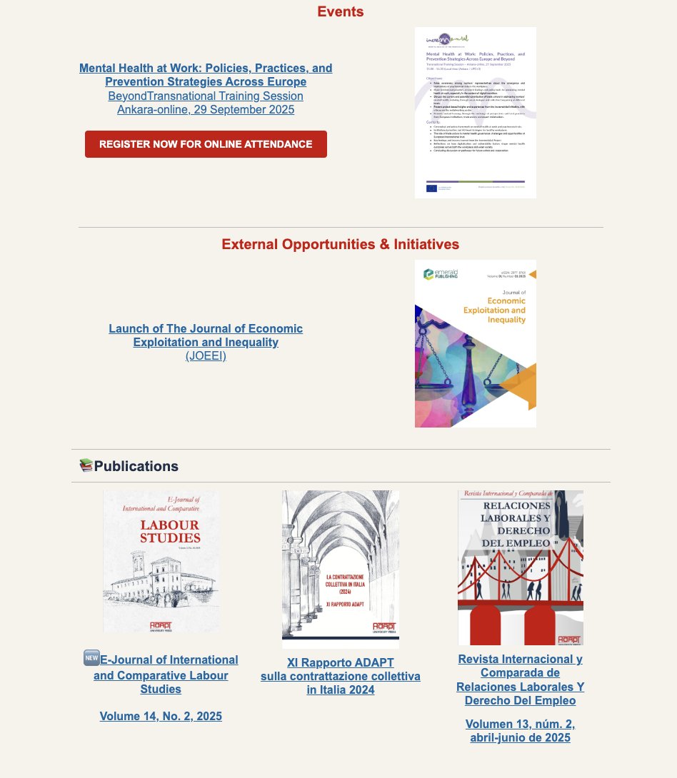 The #ADAPTInternational Bulletin is back after the summer break with Issue 15/2025, featuring labour law, IR, skills, AI, welfare and more 👉 a8b1b7.mailupclient.com/frontend/Landi…