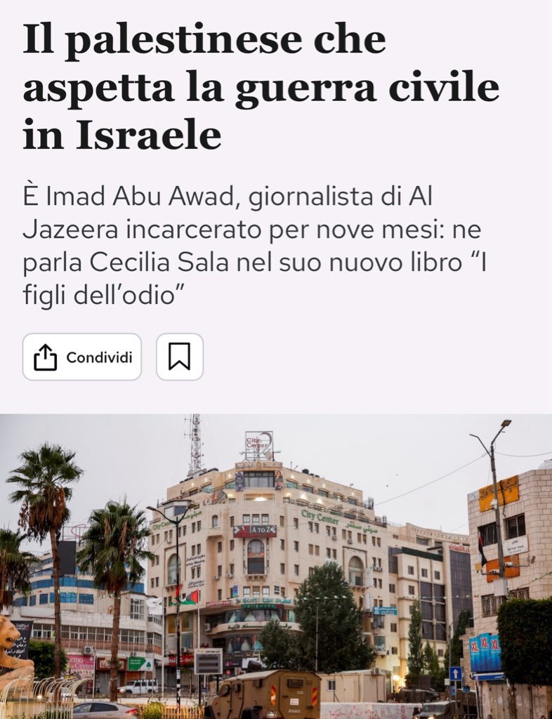 Su <a href="/ilpost/">Il Post</a> c’è un estratto del libro. È la storia dell’analista palestinese Imad Abu Awad, che è stato incarcerato ingiustamente da un pezzo di Israele ed è stato liberato dall’altro, quello che crede nello stato di diritto. 

Imad è un esperto di mondo ebraico, si è