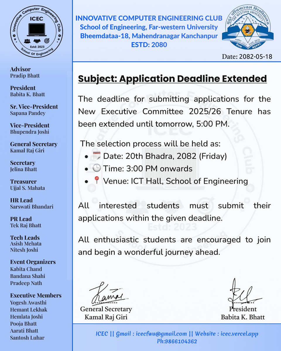 icecfwu's tweet photo. 📷 Application Deadline Extended for New Executive Committee 2025/26 Tenure
Apply now: https://t.co/OjYydvlvbv
#iCECClub #FarwesternUniversity https://t.co/Oz8dhohYtK