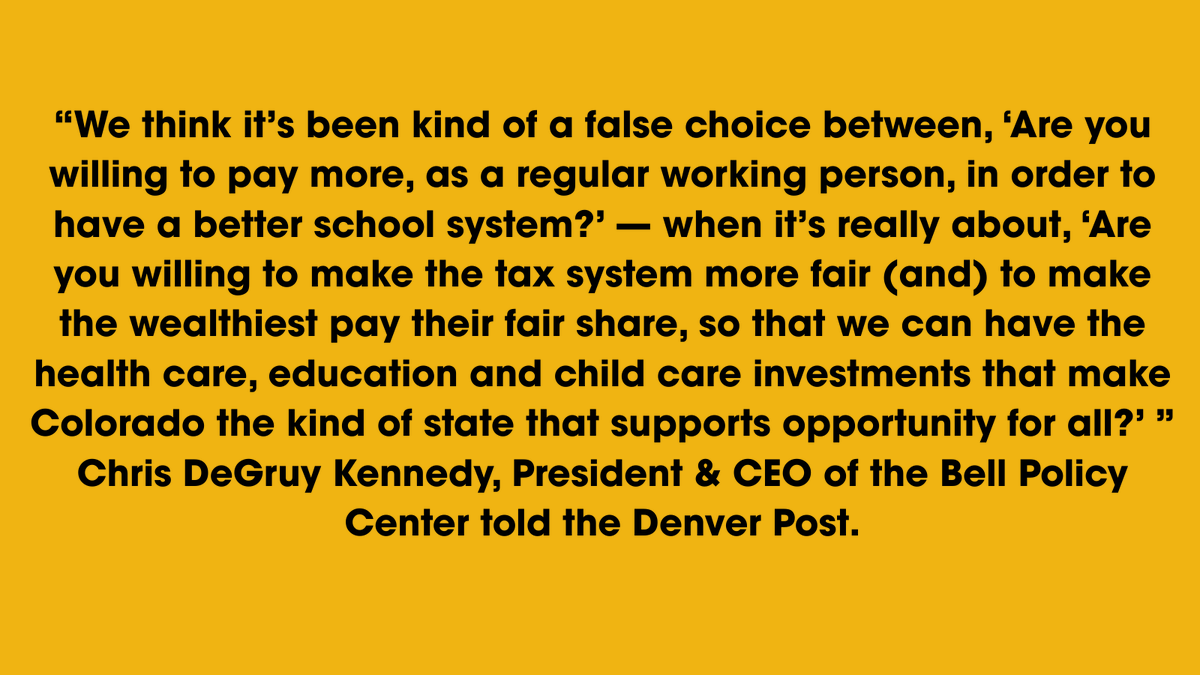BellPolicy's tweet photo. The @BellPolicy Center and a dozen Colorado nonprofits are filing ballot measures today to make the wealthiest pay their fair share in state income taxes to support good schools, healthcare and more. The rest of us will see our taxes go down. https://t.co/2DIq3sCDM7 #copolitics https://t.co/WwIX6tps2t