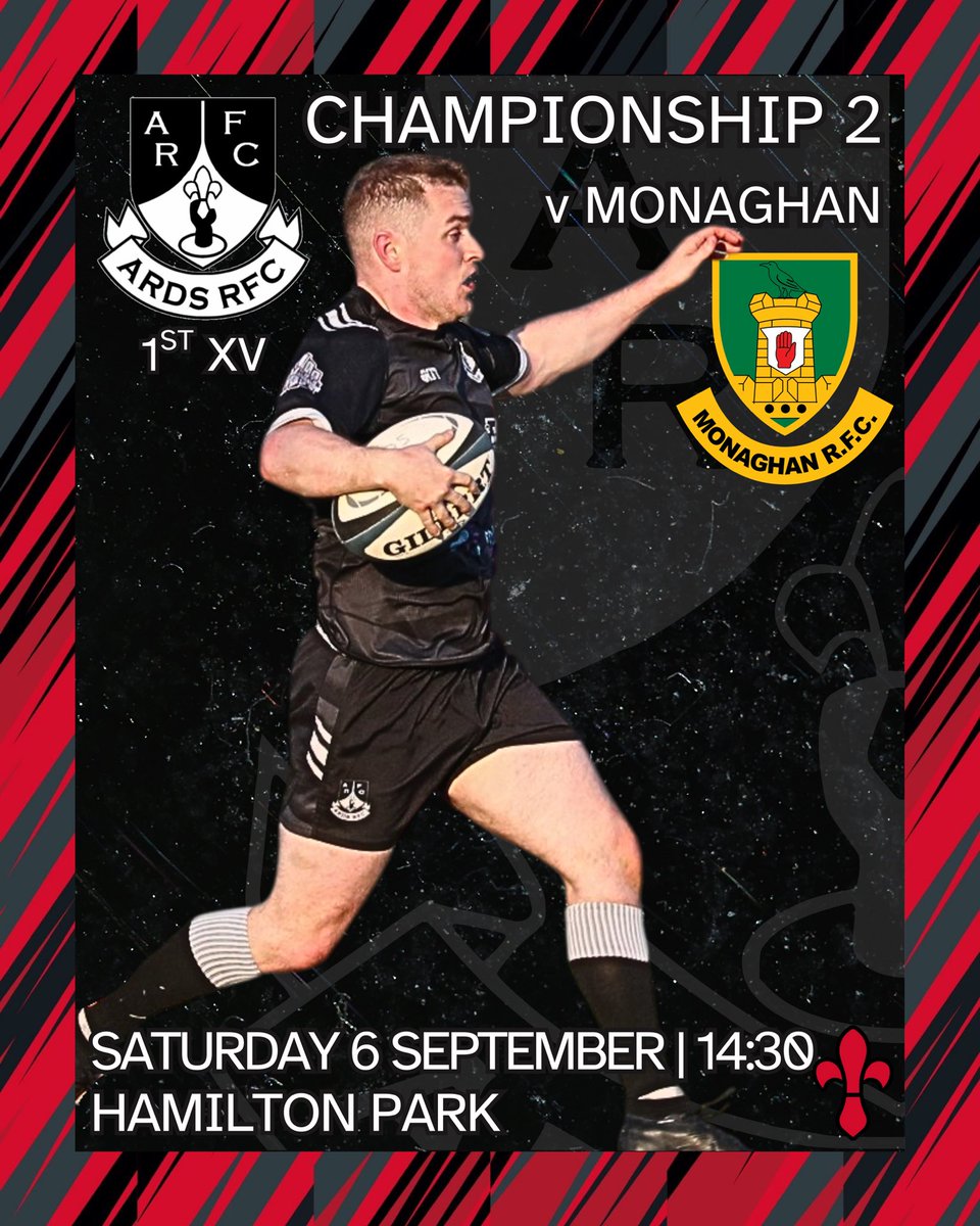 ArdsRugbyClub's tweet photo. 🏉 Competitive rugby returns to Hamilton Park!

📅 Sat 6 Sept
♦️ 1st XV v @MonaghanRFC – KO 14:30 (Pitch 1)
♦️ 2nd XV v @larnerfc – KO 14:30 (Pitch 2)

🍔 Hot Food from 14:00
🎶 Live music post-match
🍻 Bar open 12:00

Come down, support the teams &amp; enjoy a great day! 🖤🤍 https://t.co/96Tj50W63v