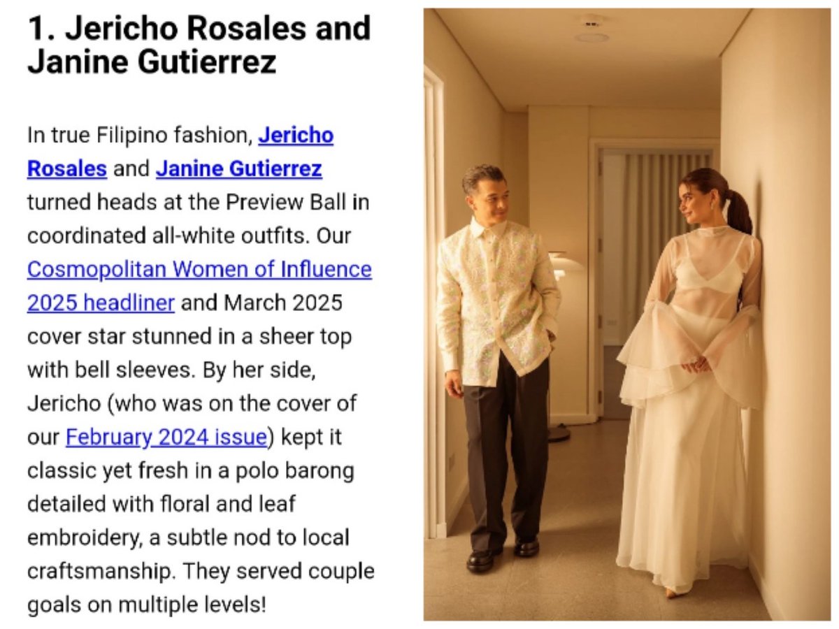 LoisaJema's tweet photo. The Most Stylish Couples Of Preview Ball 2025
"Best Dressed Couple"
1. Jericho Rosales and Janine Gutierrez
#PreviewBall2025 #Preview30 #Preview30th @previewph
#EchoNine @janinegutierrez #JanineGutierrez Janine Gutierrez
Thankyou @cosmo_ph #cosmopolitan
©️ https://t.co/Z9qPcpzRvb