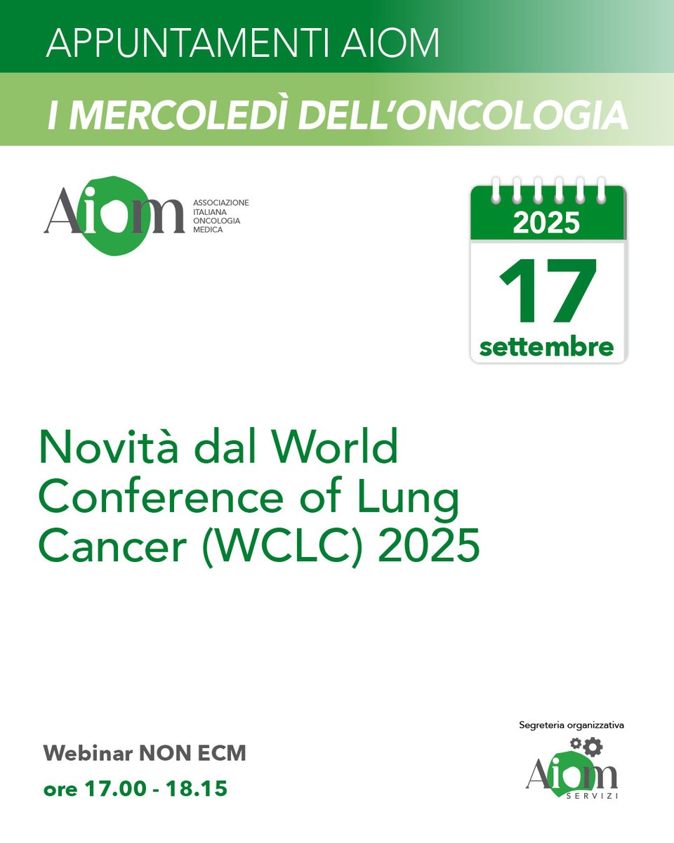 Il 17 settembre alle 17 vi aspettiamo per un nuovo #mercoledidelloncologia, dedicato al #WCLC25. 
Seguici su Zoom: us02web.zoom.us/webinar/regist…

o su #AIOMTv: youtube.com/live/JsvTuZ0PH…