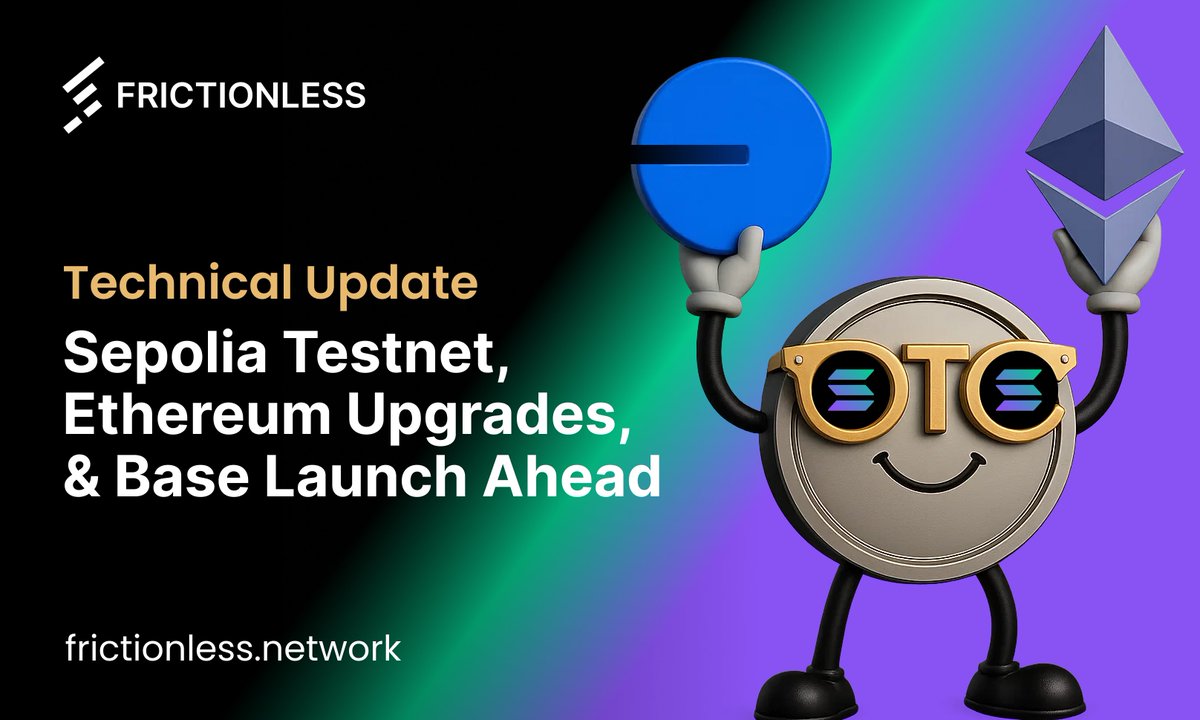 Frictionless is gearing up! 🔥

Sepolia testnet is live, Ethereum upgrades are shipping, and Base launch is on the way. Here’s where we stand:

🟣 Sepolia live for testing + demos
🔵 ETH upgrades added
🟢 Roadmap: triggers + vesting
🔵 Base launch: fast, cheap, open listings
🟣