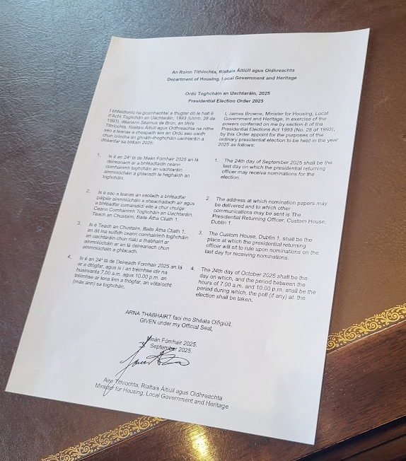 Department of Housing, Local Government & Heritage (@depthousingirl) on Twitter photo Minister <a href="/JamesBrowneTD/">James Browne TD</a> today made the Presidential Election Order for the forthcoming Presidential election, setting out key dates in the election process.
📅Last day for receipt of nominations: 24 Sept
📅Day which the poll shall be taken: 24 Oct
⏱Hours of poll: 7 am-10 pm Minister <a href="/JamesBrowneTD/">James Browne TD</a> today made the Presidential Election Order for the forthcoming Presidential election, setting out key dates in the election process.
📅Last day for receipt of nominations: 24 Sept
📅Day which the poll shall be taken: 24 Oct
⏱Hours of poll: 7 am-10 pm