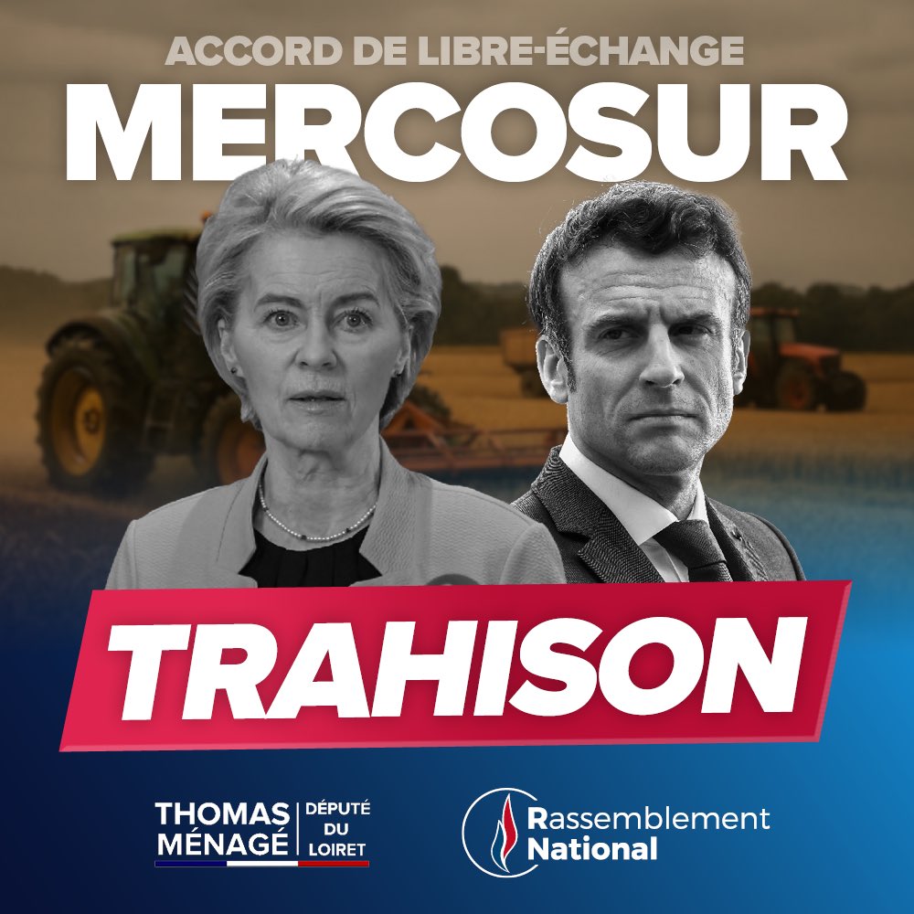 Thomas_Mng's tweet photo. 🔴 Alors que la France traverse une crise politique majeure, Bruxelles relance discrètement l’accord de libre-échange avec le #Mercosur, avec le silence complice d'Emmanuel Macron.

➡️ Ce traité, rejeté depuis des années par les agriculteurs, ouvre la voie à l’importation massive de viande, sucre, soja ou volailles sud-américains, produits à bas coût, souvent sans respecter les normes environnementales, sanitaires ou sociales imposées à nos producteurs.

Pendant ce temps, les exploitants français sont étranglés par les charges, les normes, les contraintes, et tenus à une concurrence déloyale qui les pousse à bout.

🎯 Le Rassemblement National a toujours été clair : nous refusons ce modèle de mondialisation qui sacrifie nos agriculteurs.

Bruxelles profite du désordre politique en France pour tenter un passage en force, à l’abri des regards. C’est une trahison de notre souveraineté alimentaire, un mépris du monde paysan, et un choix politique grave.

🙏 Le Rassemblement National se tiendra toujours aux côtés de ceux qui nous nourrissent pour refuser cet accord, défendre nos filières, et porter un modèle de souveraineté, de qualité, et de respect de nos terroirs.