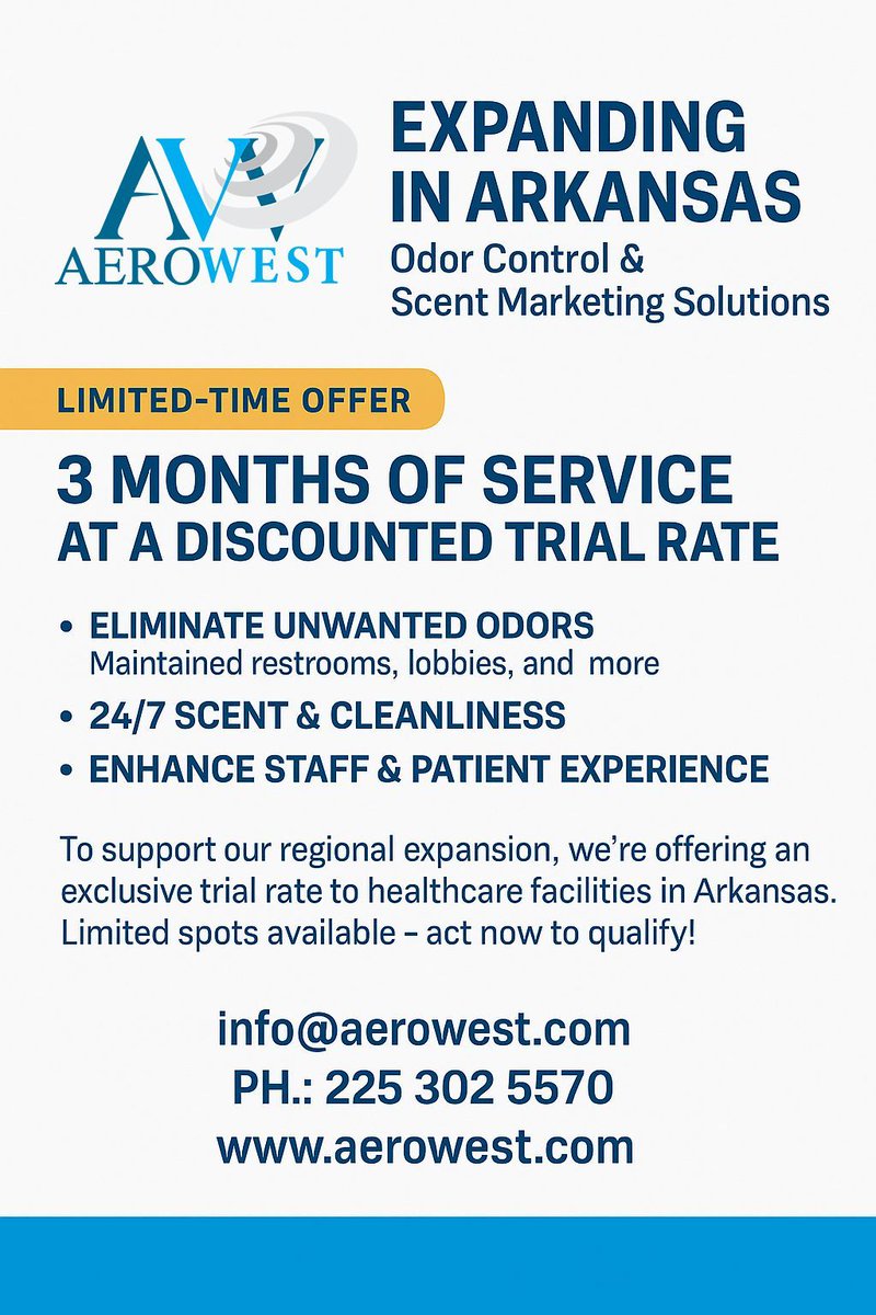 Aerowest_Intl's tweet image. AeroWest is proud to offer Arkansas healthcare facilities a limited-time odor control trial.
Let’s enhance the patient experience across #LittleRock and beyond.
@UAMShealth @BaptistHealthAR #FacilityManagement #OdorControl