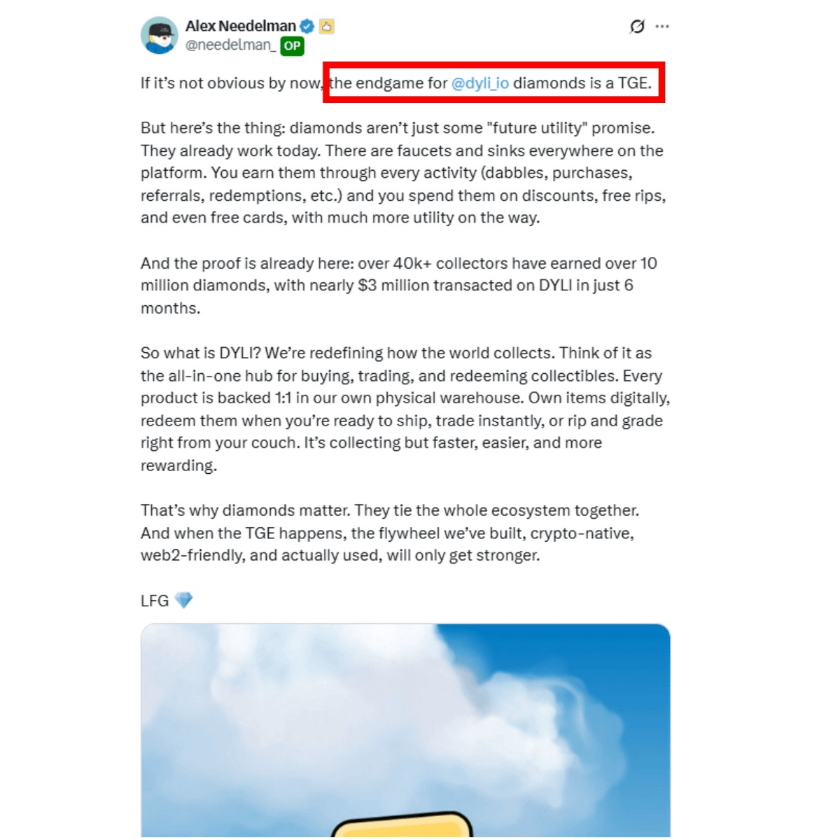 Screenshot of Alex Needelman's X post explaining the endgame for Dyli.io diamonds as a TGE