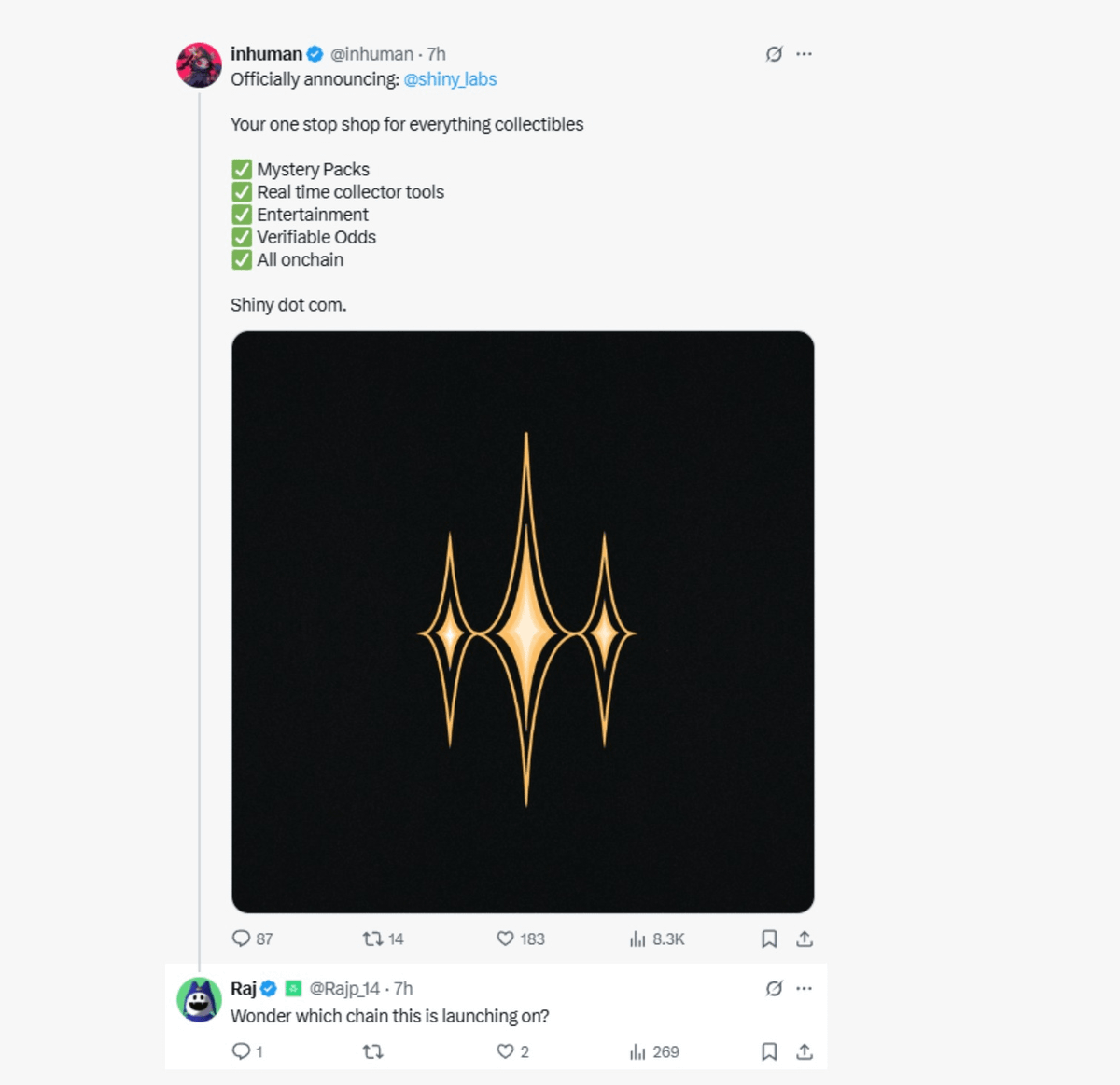 Screenshot of inhuman's X announcement for Shiny Labs as a collectibles platform
