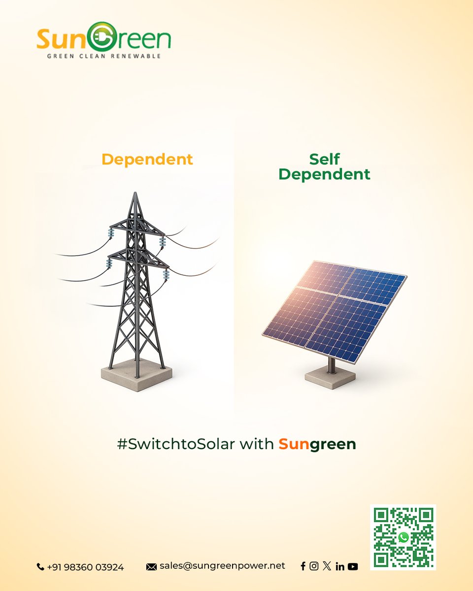 SungreenP's tweet image. 🌞 From relying on others to generating your own power — take the leap toward independence.
 💡 Embrace clean energy with Sungreen and light up life on your own terms.
To know more, visit us - sungreenpower.net
Call us at +91 98360 03924
#GreenTechRevolution #SolarSolutions