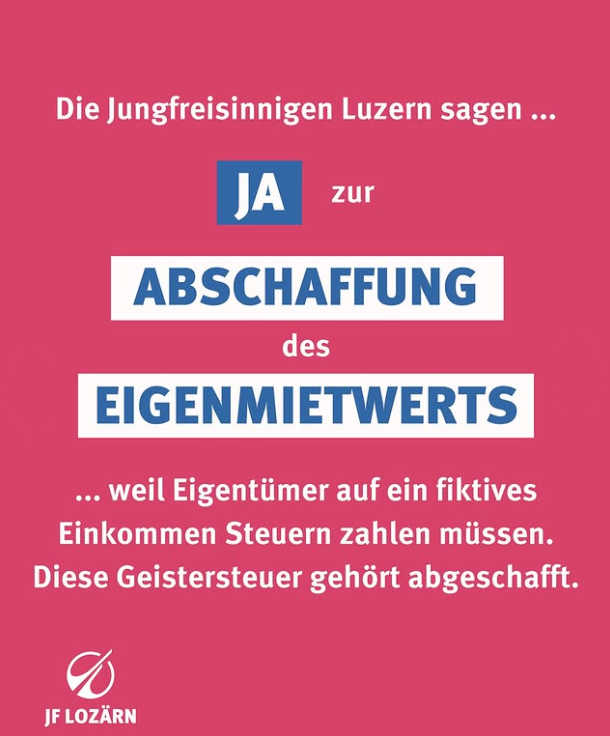 Jungfreisinnige Luzern (@jfluzern) on Twitter photo Wir sagen Ja, zu Abschaffung des ungerechten Eigenmietwerts!
Die Schweiz braucht faire Steuern, keine Geistersteuern!
<a href="/faire_steuern/">JA zu fairen Steuern</a> Wir sagen Ja, zu Abschaffung des ungerechten Eigenmietwerts!
Die Schweiz braucht faire Steuern, keine Geistersteuern!
<a href="/faire_steuern/">JA zu fairen Steuern</a>
