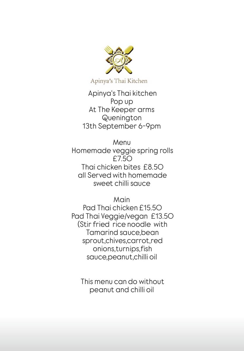 Saturday 13th Sept.  Return of Apinya’s Thai kitchen.

Delicious, authentic Thai food, we will even get some authentic beers in.  Book online.  1800-2030.