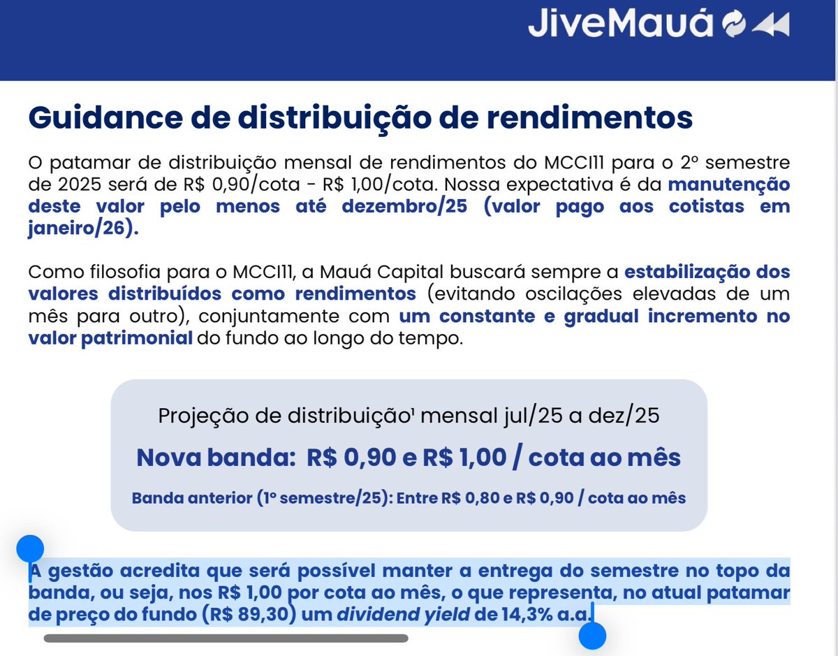 fiinewspaper's tweet image. #MCCI11📈#guidance🎯@fiinewspaper🤖
A gestão indicou sua expectativa de distribuição de rendimentos para o período: entre R$ 0,90/cota e R$ 1,00/cota. Expectativa da gestão de manter no topo da meta.
🚨A expectativa de rendimentos não representa promessa, garantia de…