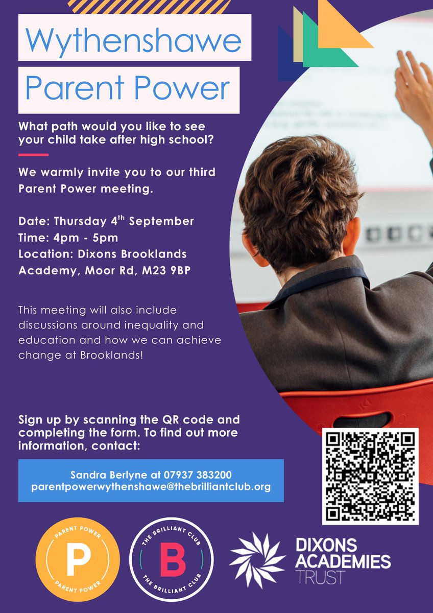 We'd like to invite you to our third Parent Power meeting 📢, tomorrow at 4pm, here at Dixons Brooklands Academy. Scan the QR code in the flyer attached or visit the link to sign up. tinyurl.com/9mvkxyzm