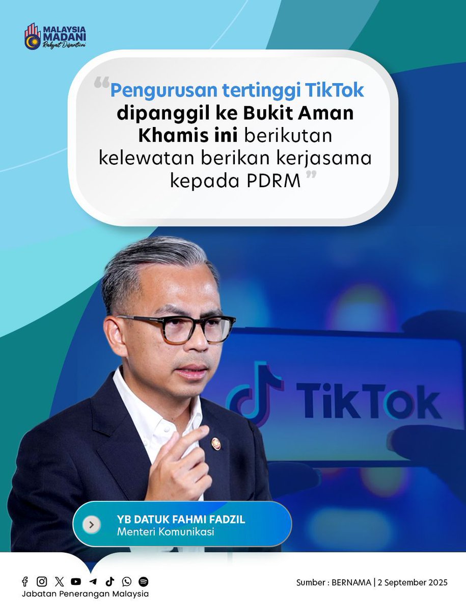 📌 Syarikat induk Facebook, iaitu Meta Platforms Inc (Meta) juga akan dipanggil bagi memberikan penjelasan mengenai penyebaran kandungan tidak bermoral di platform mereka.

#RancakkanMADANI
#MADANIBekerja
#TaatSetia
#JabatanPenerangan