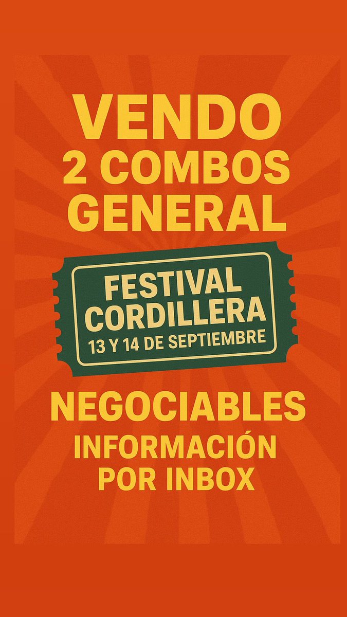 bn_yei's tweet photo. 📢📢📢 ‼️‼️‼️

Vendo 2 combos general para el Festival Cordillera a super precio!!!!

Info por inbox.

RT por fa!!! https://t.co/NDcMB7Jjqa