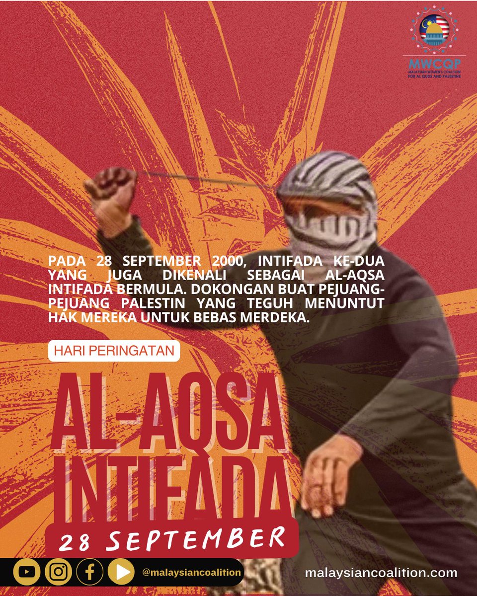28 Sept 2000 bermula Intifada Kedua. Rakyat Palestin bangkit mempertahankan tanah air daripada pendudukan. Semangat perjuangan mereka terus hidup hingga hari ini.