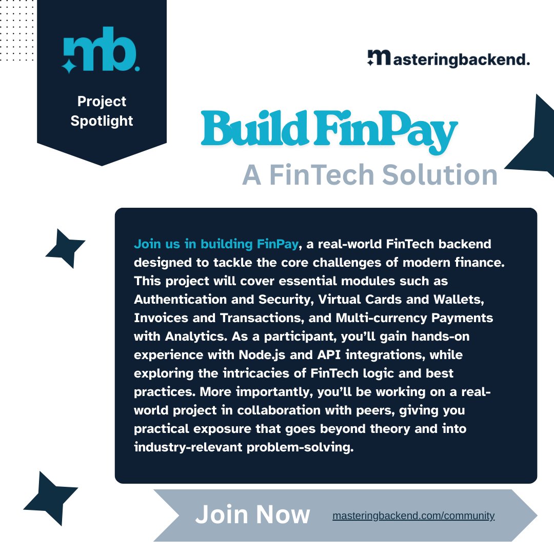 master_backend's tweet image. Project Spotlight Build FinPay – A FinTech Solution
Work on Authentication, Wallets, Invoices, Transactions, and Multi-currency Payments.

Hands-on Node.js, APIs, and FinTech best practices with real-world collaboration.

Join: masteringbackend.com/community

 #MasteringBackend