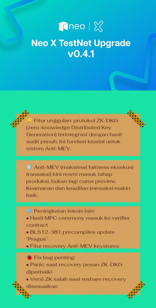 🚀 Neo X TestNet v0.4.1 resmi hadir!

Integrasi ZK-DKG teraudit penuh ✅
Anti-MEV aktif produksi ⚡
Peningkatan teknis &amp; fix bug siap jalan 🔧

MainNet sebentar lagi, ayo pantau terus pembaruannya!

<a href="/Neo_Blockchain/">Neo</a> <a href="/NeoBlockchainID/">Neo Smart Economy Indonesia</a>
#Neo #Web3 #Crypto $NEO $GAS