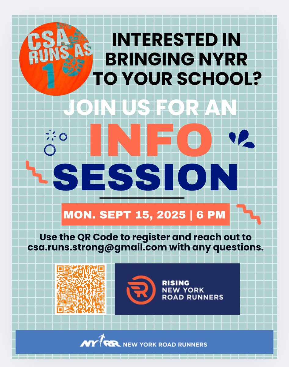<a href="/FollowCSA/">CSA</a> <a href="/NYCSchools/">NYC Public Schools</a> 
<a href="/nyrr/">New York Road Runners</a> CSA Runs As 1 is excited to invite you to an informational session about a great opportunity for schools to engage their students in the Rising NYRR program. Join us forms.office.com/Pages/Response…
