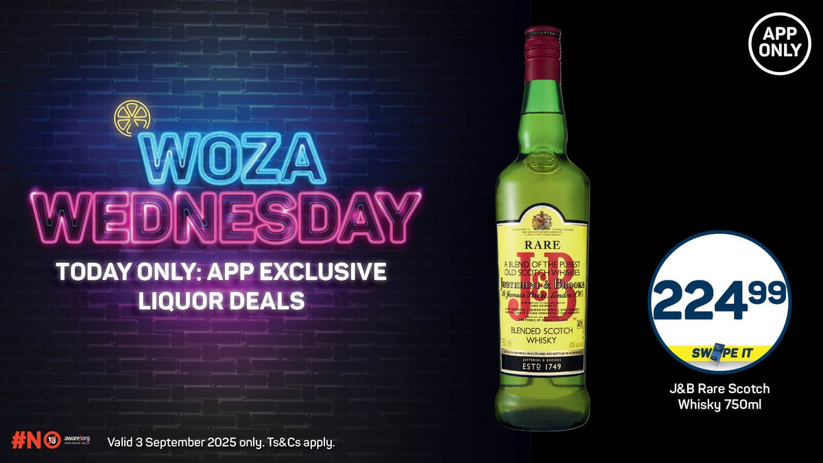 Get J&amp;B Rare Scotch Whisky 750ml for ONLY R224.99!

Plus, more APP EXCLUSIVE DEALS!

Head over to the app NOW! 📲

Valid 3 September 2025 only. Ts&amp;Cs apply. 🔞

#WozaWednesday #AppOnly