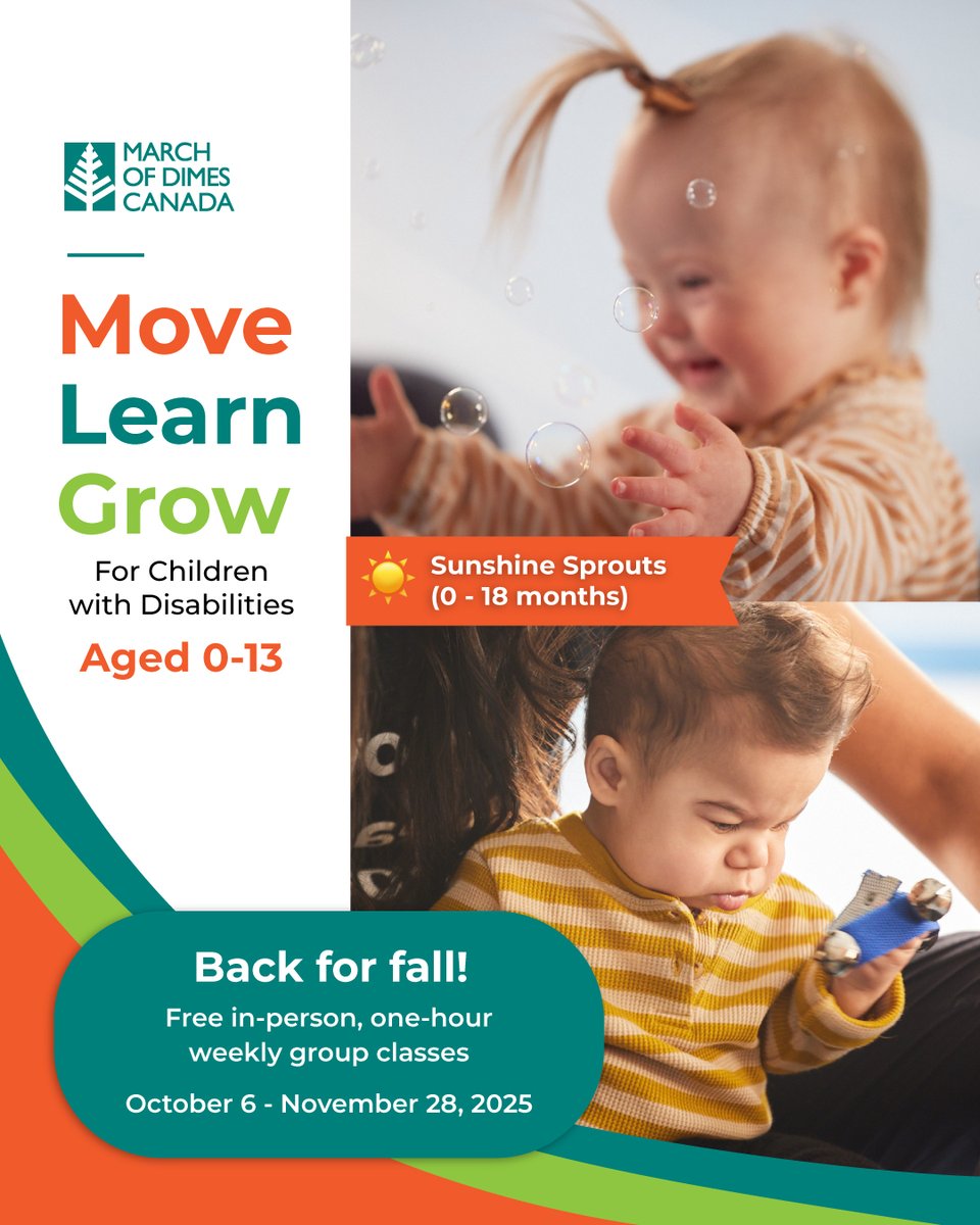marchofdimescda's tweet photo. Register for fall sessions of Move Learn Grow, a free, play-based approach to learning for kids with disabilities aged 0–13.

Explore by age:
👶 0–18m: Sunshine Sprouts
👧 2–5y: Sensory Explorers
👦 6–12y: Sensory Adventurers &amp; more

Sign up by Sept 9: https://t.co/LY8QRrfU4y https://t.co/ej49O3f0Xt