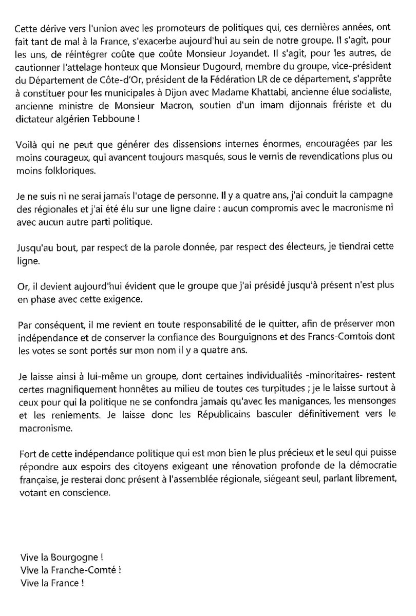 En de certains jours, il faut savoir décider. Ce mercredi 3 septembre est résolument de ceux-là !

Communiqué de Gilles Platret
Conseil régional : « Contre la dérive et les compromissions, fidèle à mes électeurs, je choisis l'indépendance »