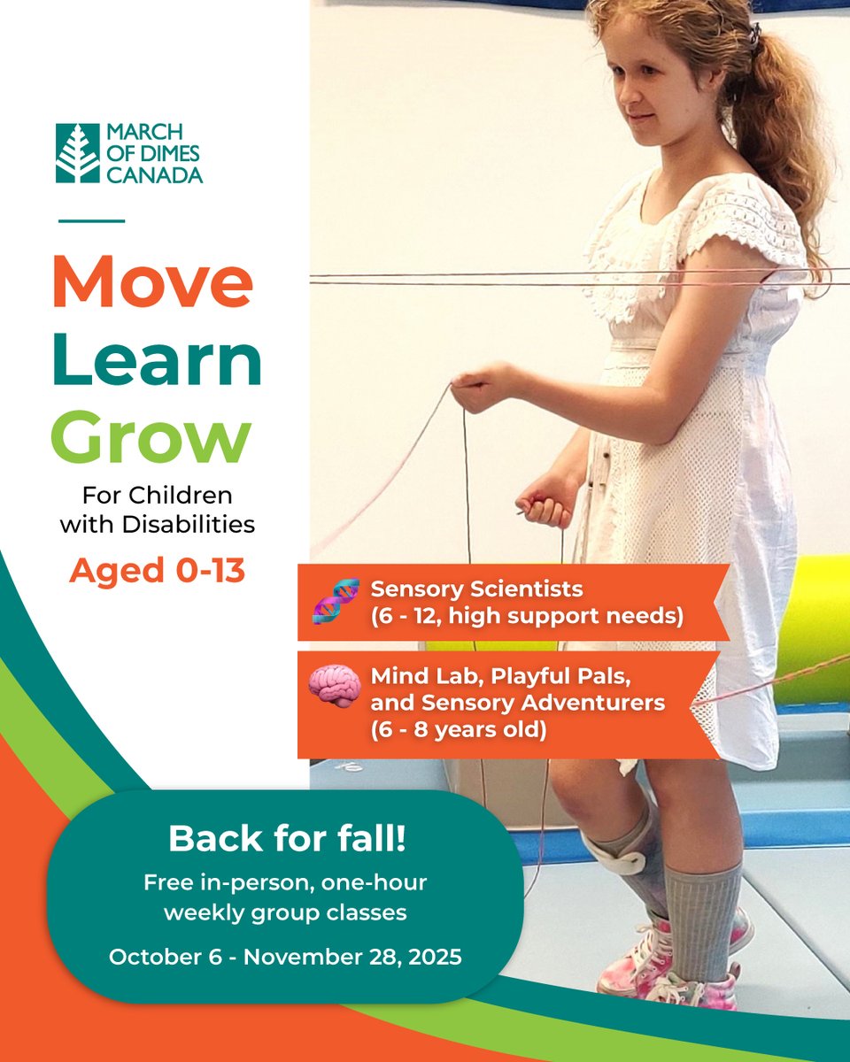 marchofdimescda's tweet photo. Register for fall sessions of Move Learn Grow, a free, play-based approach to learning for kids with disabilities aged 0–13.

Explore by age:
👶 0–18m: Sunshine Sprouts
👧 2–5y: Sensory Explorers
👦 6–12y: Sensory Adventurers &amp; more

Sign up by Sept 9: https://t.co/LY8QRrfU4y https://t.co/ej49O3f0Xt
