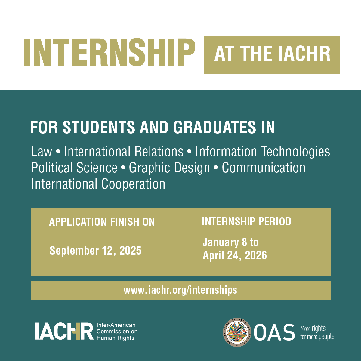 Tú puedes contribuir para lograr un mundo más justo y respetuoso de los #DerechosHumanos para todas las personas. Aplica a las pasantías de la #CIDH y adquiere experiencia junto a especialistas en derechos humanos. 

Postula antes del 12 de septiembre 👉 bit.ly/3on647N