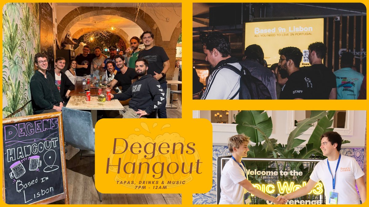 We're back 🧡
Degens Hangout Today!

⏰ 7 - 12 pm
🍻 Chill &amp; Network 
📍 Delirium Café Lisboa

🎟️ meetup.com/based-in-lisbon
#Blockchain #Web3 #Portugall