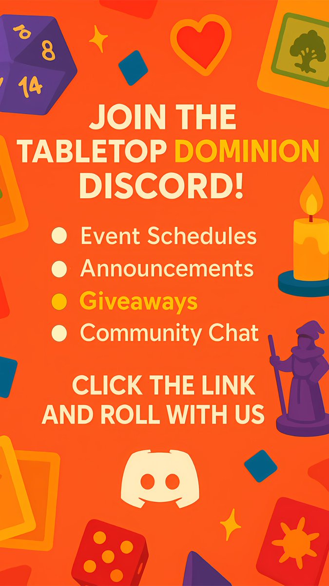 TTDominionLTD's tweet image. 🎲 Join the Tabletop Dominion Discord! 🎲

We’ve launched our brand-new Discord server — your hub for all things tabletop! 

💬 Chat with fellow players
📅 Keep up with event schedules
📢 Get the latest announcements
🎁 Take part in giveaways

discord.gg/k7vsZfUT