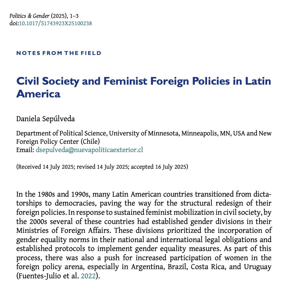 PoliticsGenderJ's tweet image. 📣 Out on #FirstView 📣 

For our upcoming issue on feminist foreign policy, Daniela Sepúlveda overviews the work of the Platform for Feminist Foreign Policy in Latin America and the role of civil society in advancing FFP.

buff.ly/6KMiKCi