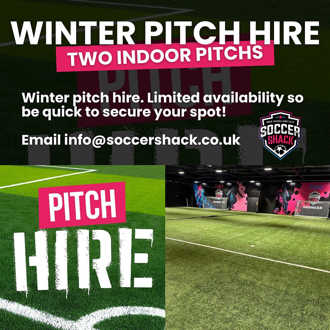 Winter Pitch Hire ⚽️

Get in touch 📧 info@soccershack.co.uk

We have two indoor 4g pitchs available to hire, please get in touch to discuss what times we have available and upto date costs 🙌 

Be quick tho! Limited availability! 

📍 Northampton NN5 7PP