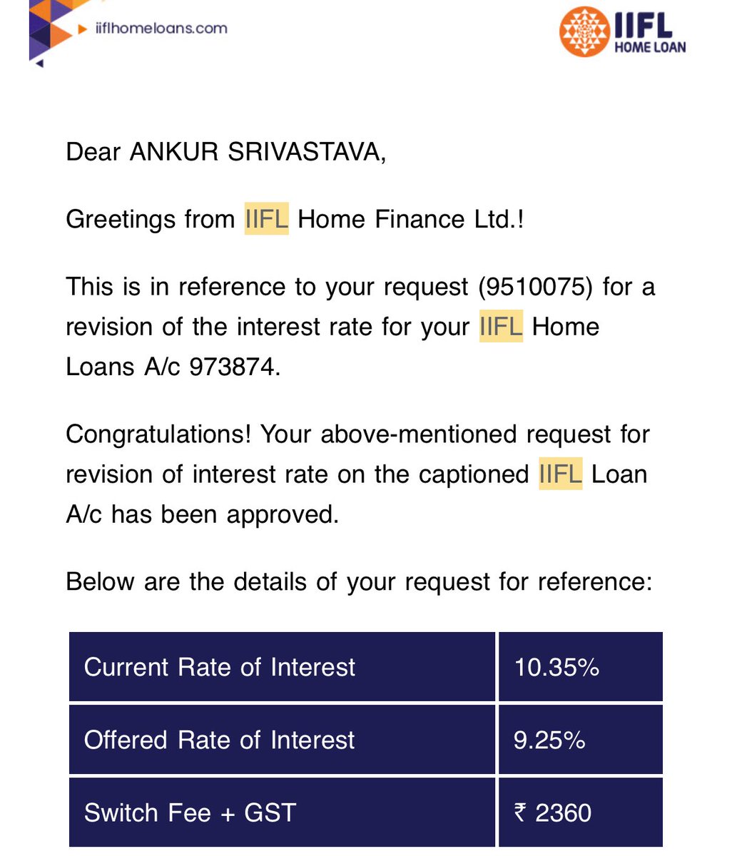 aNKi75's tweet photo. Paid fees to @IIFLHomeLoan @iiflcapital for Home Loan rate reduction from 10.35% ➝ 9.25% (as per their mail).
But repayment schedule shows 9.35%.

Clear case of cheating customers. Proof with me.
@RBI @sebi_india @jagograhakjago #Fraud #ConsumerRights https://t.co/JFvo0EQXCt