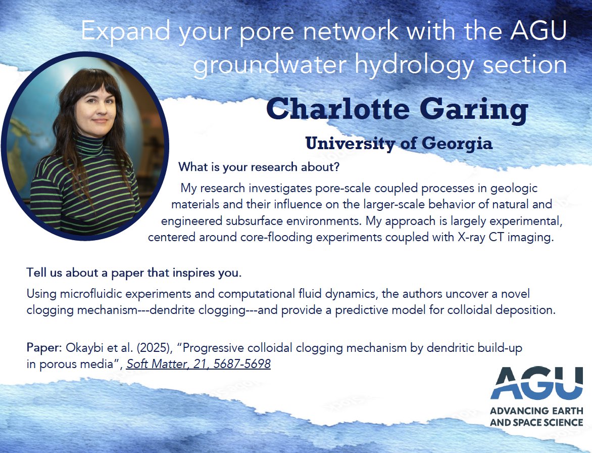 🌊 Meet Charlotte Garing (University of Georgia), focusing on pore-scale coupled processes in geologic media. Using innovative core-flooding experiments and X-ray CT, she connects micro-scale mechanisms to field-scale behaviors in subsurface systems.
#Groundwater #Hydrology