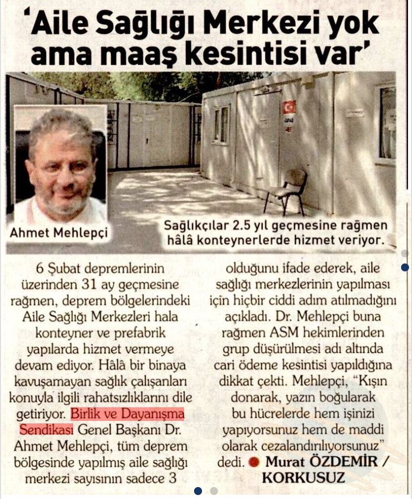 Genel Başkanımız Dr. Ahmet Mehlepçi <a href="/korkusuzgazete/">Korkusuz</a>  ne verdiği röportajda tüm deprem bölgesinde yapılmış aile sağlığı merkezi sayısının sadece  3 olduğunu ifade ederek , aile sağlığı merkezleri yapılması için hiçbir ciddi adım atılmadığını açıkladı… <a href="/DrMehlepci/">Dr Ahmet Mehlepçi</a>  <a href="/korkusuzgazete/">Korkusuz</a>