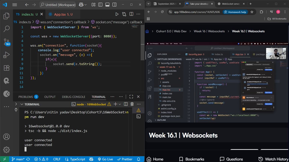 NitinYa9919's tweet image. Day 39/100 of #100DaysOfCode 🚀
Diving into the world of WebSockets today!
🔌 Established real-time connection between client &amp;amp; server
🧪 Built a simple client-server handshake
🔄 Explored persistent, full-duplex communication
#100xDevsCohort3 #webdevelopers #codinglife