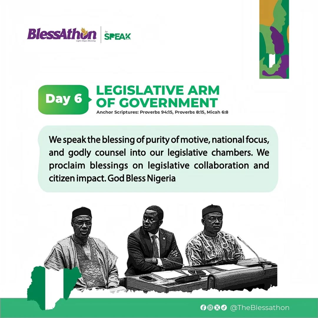 TheBlessathon's tweet photo. Day 6 of 65 Days Blessathon 📷

Today, we speak blessings over Nigeria’s legislative chambers. We declare that our lawmakers are guided by purity of motive.

GOD BLESS NIGERIA 📷

#65DaysBlessathon #NigeriaisBlessed #PrayForNigeria #LegislativeUnity #GodlyCounsel

See less https://t.co/aQsLi9cc65