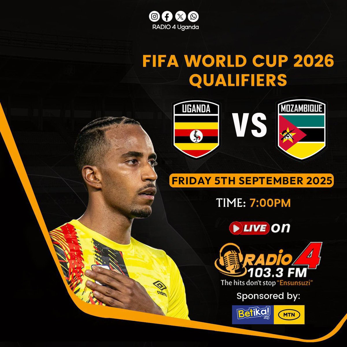 Radio 4 |103.3 FM Ensunsuzi (@radio4ug) on Twitter photo UP NEXT! 🔥
⚽ The <a href="/UgandaCranes/">Uganda Cranes</a> are back in action on Friday in a crucial FIFA World Cup Qualifier against Mozambique.
📍Mandela National Stadium
🕕 Kick-off: 7 PM EAT
Let’s rally behind our boys! Let's go for the 3pts
#FIFAWorldCupQualifiers || #Radio4UG UP NEXT! 🔥
⚽ The <a href="/UgandaCranes/">Uganda Cranes</a> are back in action on Friday in a crucial FIFA World Cup Qualifier against Mozambique.
📍Mandela National Stadium
🕕 Kick-off: 7 PM EAT
Let’s rally behind our boys! Let's go for the 3pts
#FIFAWorldCupQualifiers || #Radio4UG