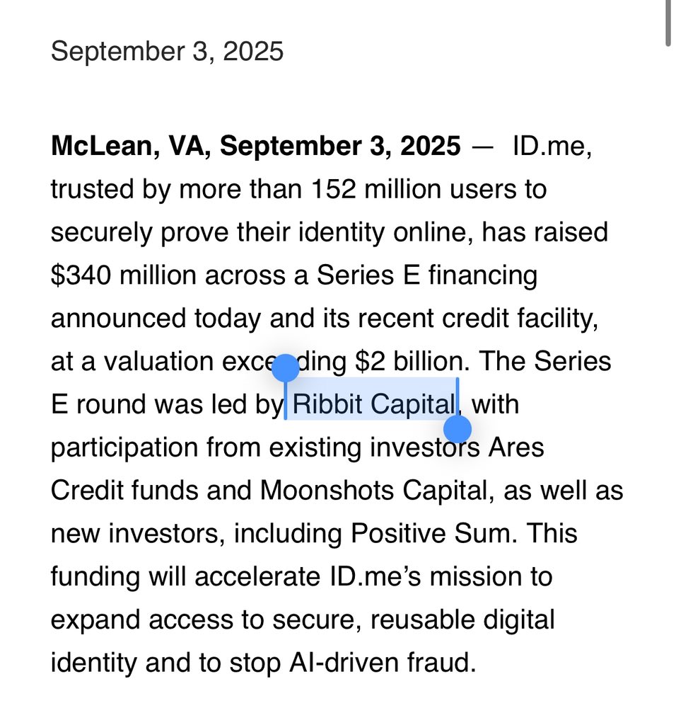 here we go: <a href="/IDme/">ID.me</a> raises another $340M, round led by Ribbit Capital

$TIBBIR infra coded 🐸