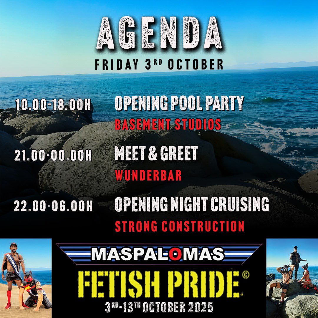 The countdown is on! Just one month to go until Maspalomas Fetish Pride 2025 kicks off. We already know what we’ll be doing this time next month - do you know where you’ll be? 

Full agenda + advance tickets now available at 👉 maspalomasfetishpride.com