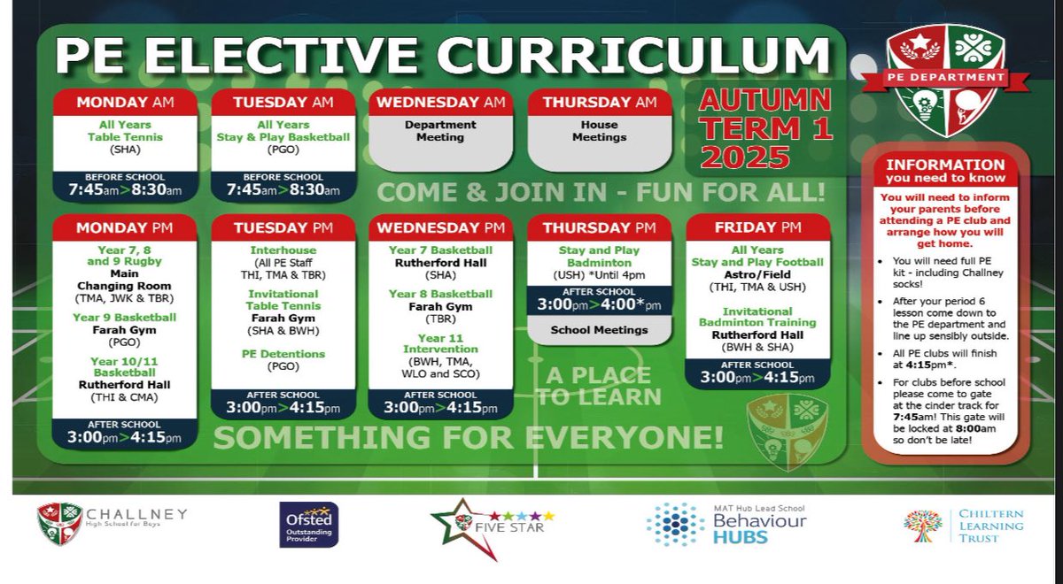 Challney PE Department (@challneypedept) on Twitter photo Welcome back! π«β½οΈπ
Hereβs our <a href="/ChallneyBoys/">Challney Boys</a> PE clubs timetable for this term. All clubs will start running from 8th September.
Any questions? Pop down to the PE department! πͺ #Sportforall Welcome back! π«β½οΈπ
Hereβs our <a href="/ChallneyBoys/">Challney Boys</a> PE clubs timetable for this term. All clubs will start running from 8th September.
Any questions? Pop down to the PE department! πͺ #Sportforall
