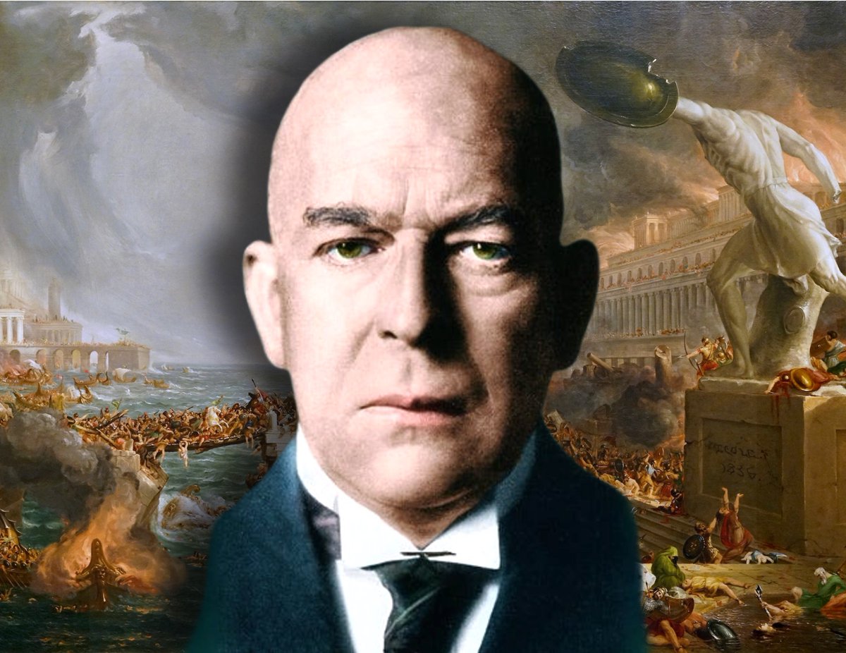 the_culturist_'s tweet image. 100 years ago, a German historian noticed something:  

All cultures have a predetermined life cycle. You can predict when and how they'll end.

The end of the Western culture, he predicted, would unfold in the 21st century — and a new Caesar shall rise...

Our culture is uneasy…