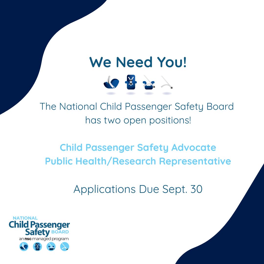 NCPSB's tweet image. The National Child Passenger Safety Board is looking to fill two open positions. Applications are due Sept. 30. Learn more/fill out an application:  cpsboard.org/learn-about...…
#KeepEachOtherSafe #TechsRule #carseat #safety #education #training #boardmember #committee @NSCsafety