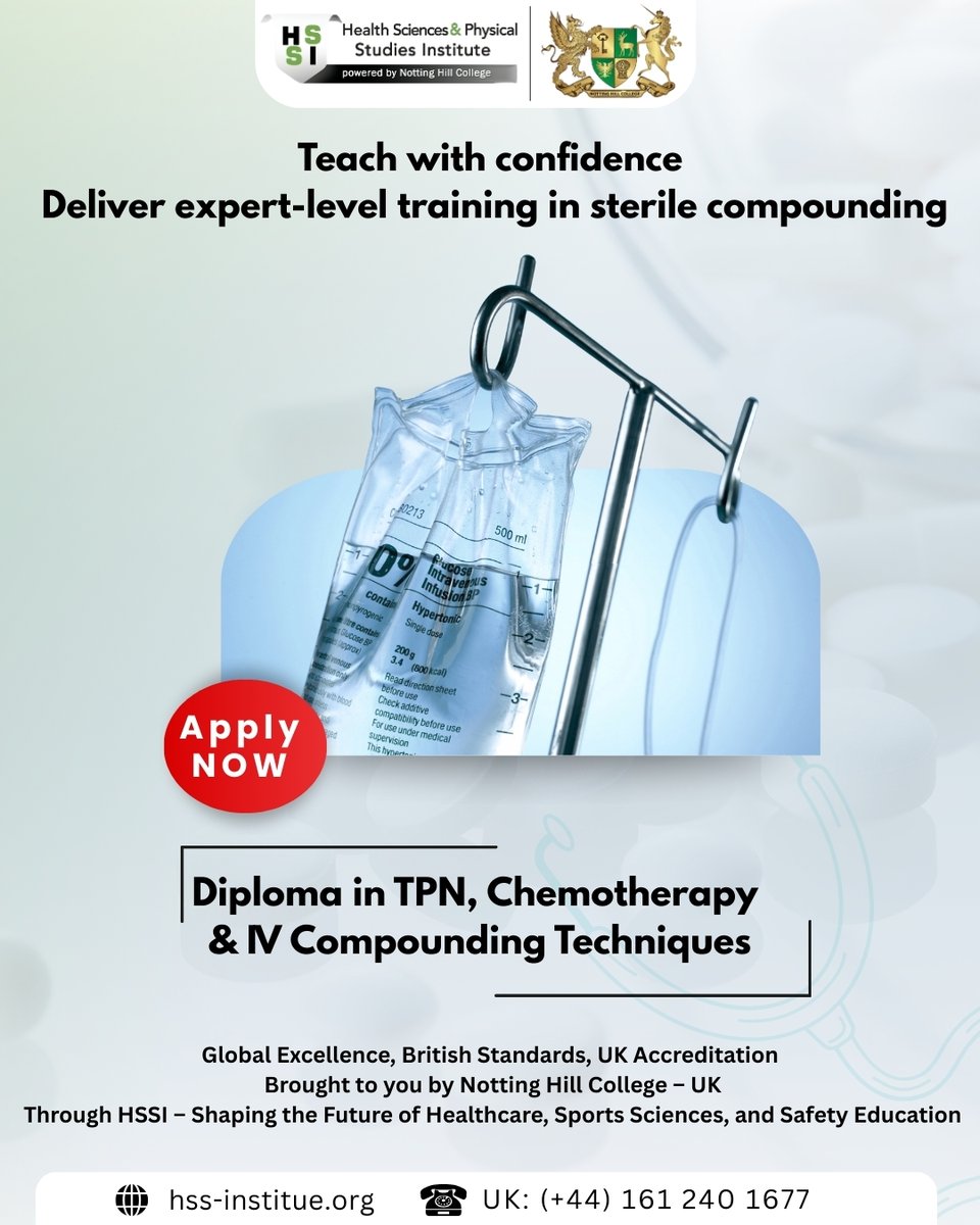 HSSIUK's tweet photo. 💉 Teaching IV compounding?
Get trained first with HSSI’s UK-accredited diploma in TPN, Chemotherapy &amp; IV Compounding.
✅ Practical training
✅ USP <797>/<800> aligned
✅ Flexible online learning
Register now: https://t.co/yNsEOemrUf
#Pharmacy #HSSI #IVCompounding https://t.co/xw4uJjmw9Z