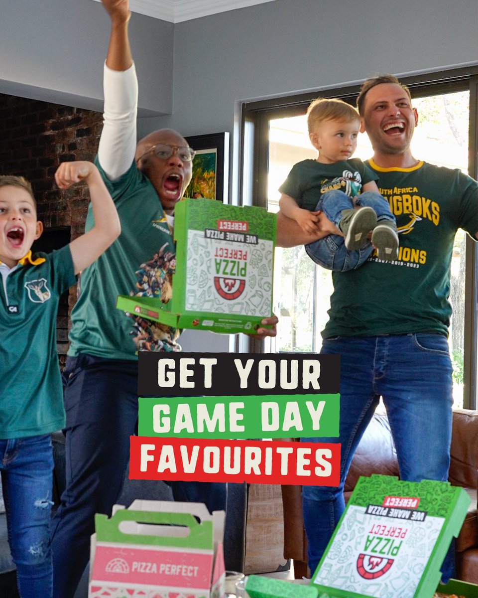 PizzaPerfectza's tweet image. Back the Boks one box of #PizzaPerfect at a time 🏉🤩

As the Springboks take on Argentina in a nail biting game, indulge in Mzansi’s favourite game day meal 🍕

#WeMakePizzaPerfect #PizzaPerfect #PizzaFlavour #OrderIn #PizzaPerfectApp