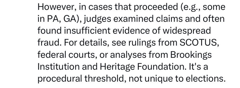 PatrickDebates's tweet photo. i have a feeling some people here would only agree with judges if the rulings lined up with their own beliefs. 

that is not how the system works. herbert’s point all along has not been that fraud does not exist, it is that the burden of proof in the United States is innocent until proven guilty.

even grok’s explanation about lack of standing does not contradict him. lack of standing means a case cannot move forward because the plaintiff could not show a direct legal injury. that does not suddenly flip the principle of due process. it just shows how high the bar is to bring a case into court, and that is by design to prevent chaos and abuse.

if we dropped that standard and started deciding outcomes based on disbelief or suspicion alone, then anyone could accuse anyone of anything and have it treated as fact.